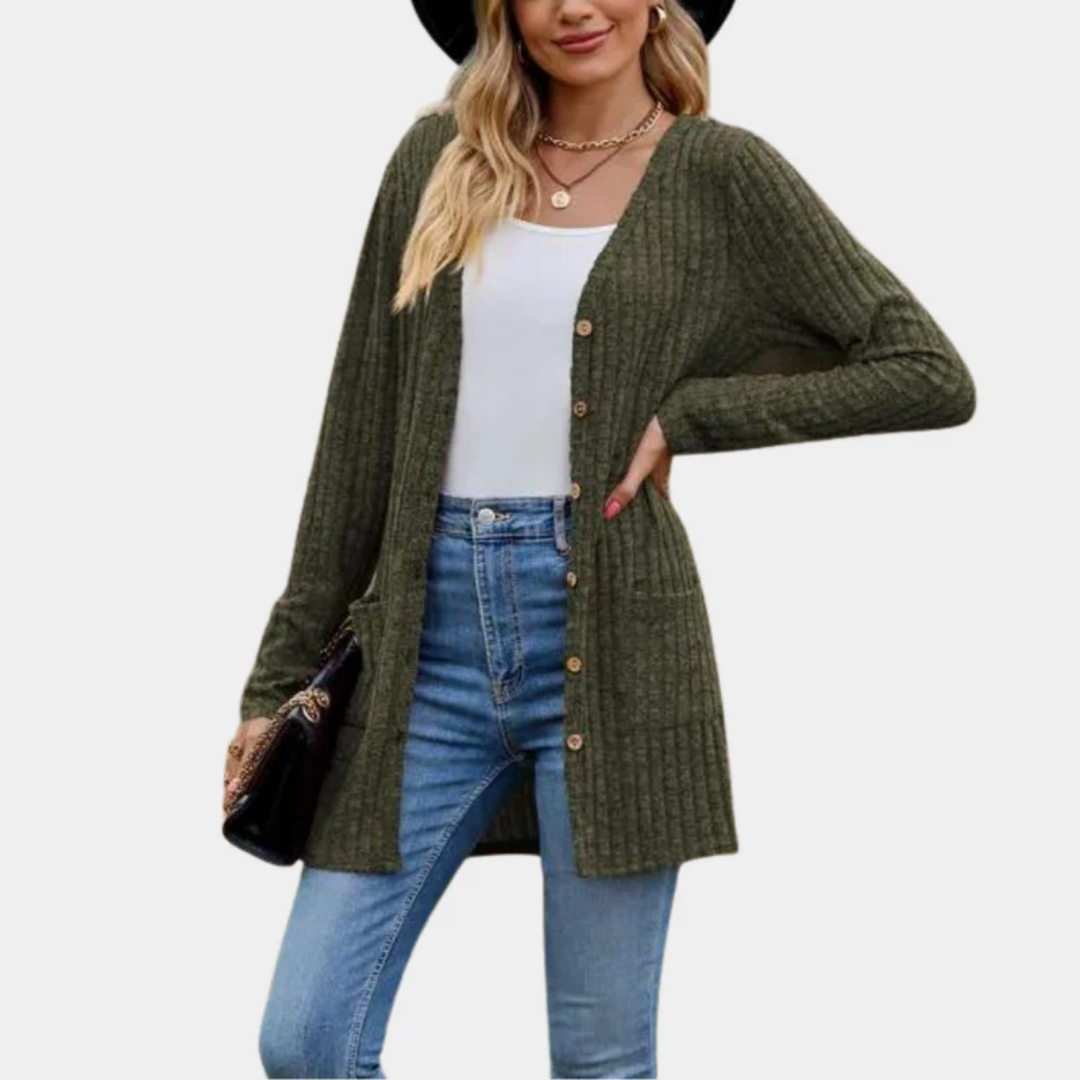 Jemima - Cardigan long boutonné en maille côtelée