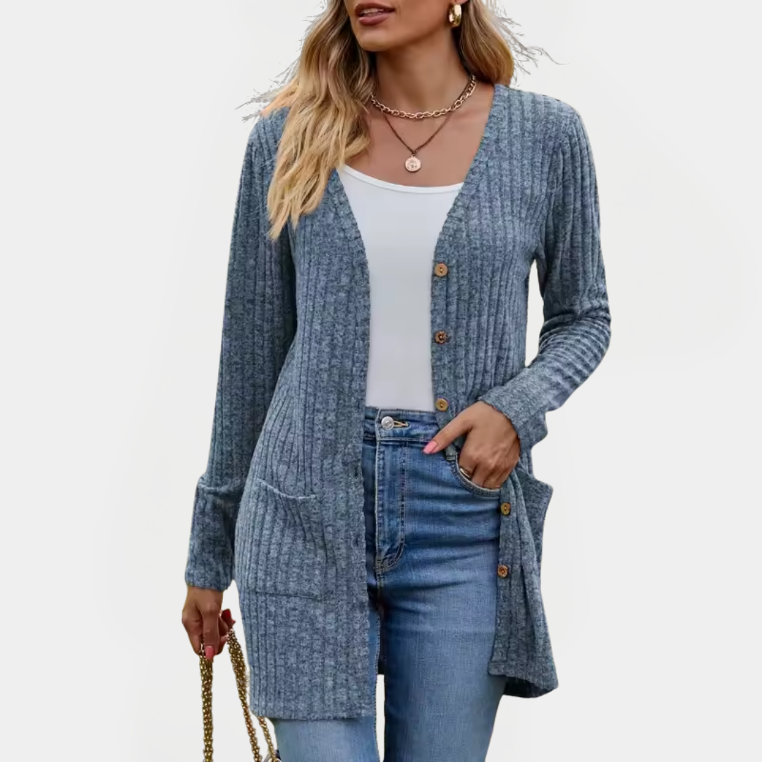 Jemima - Cardigan long boutonné en maille côtelée