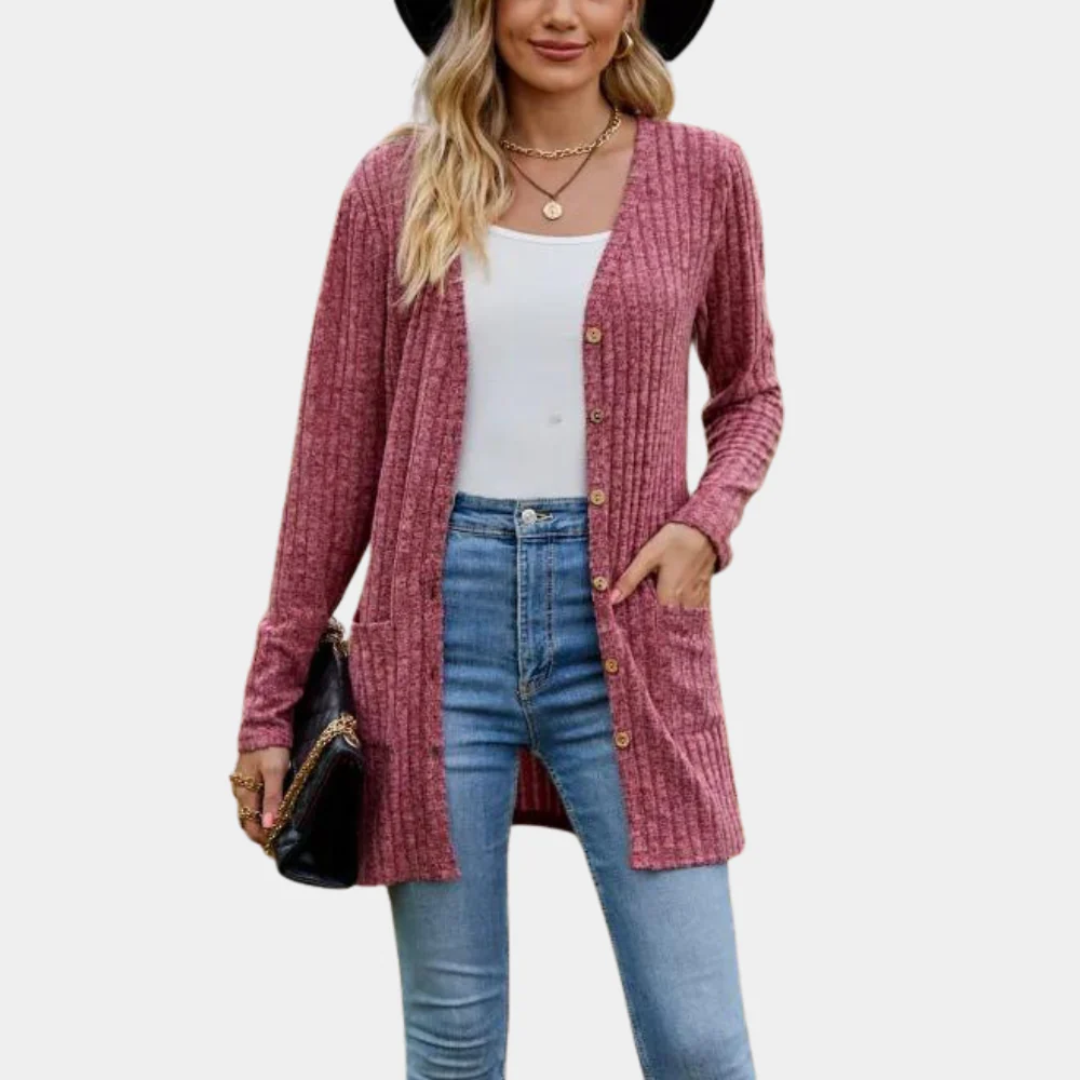 Jemima - Cardigan long boutonné en maille côtelée