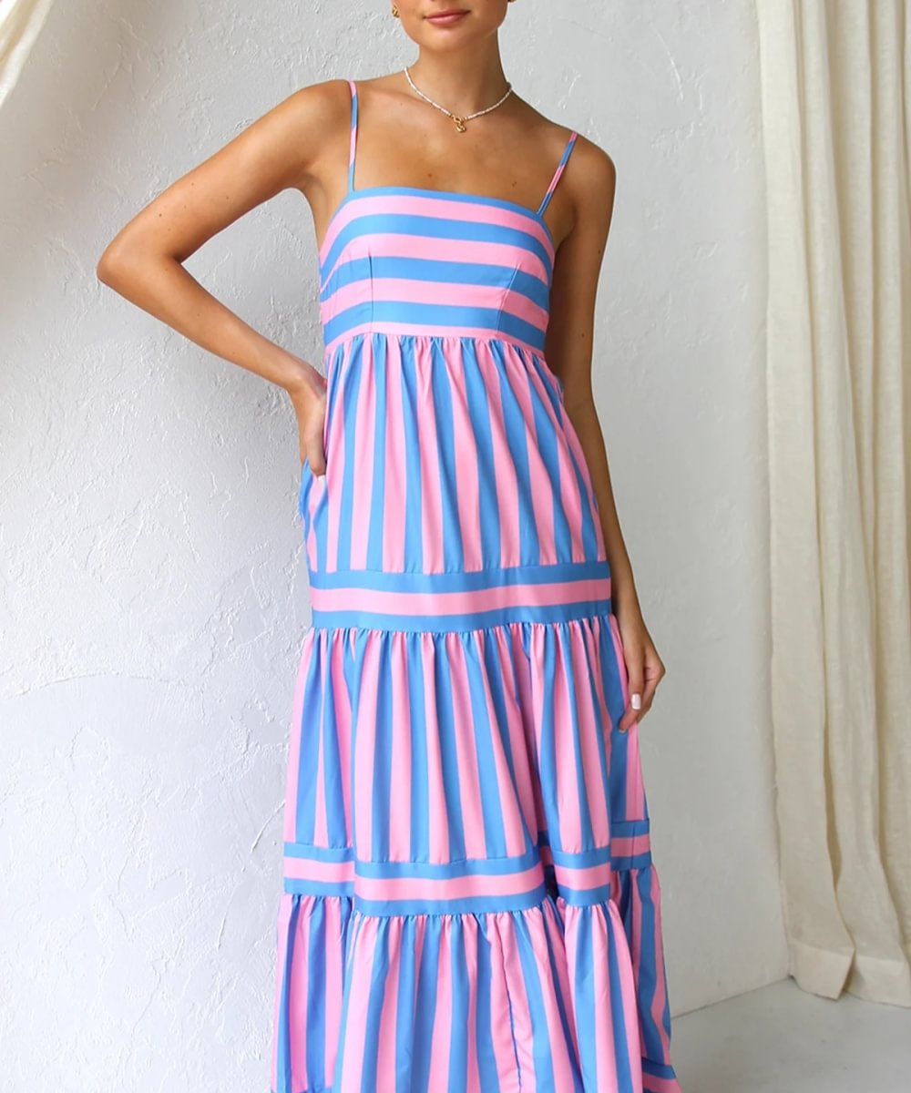 Harley - Vestido midi de capas a rayas, mezcla de algodón para una elegancia casual