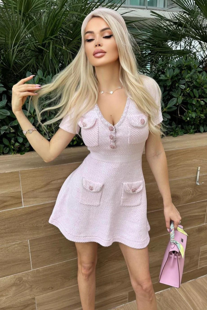 Lara - Robe Mini Rose Bébé avec Boutons Cristal et Poches