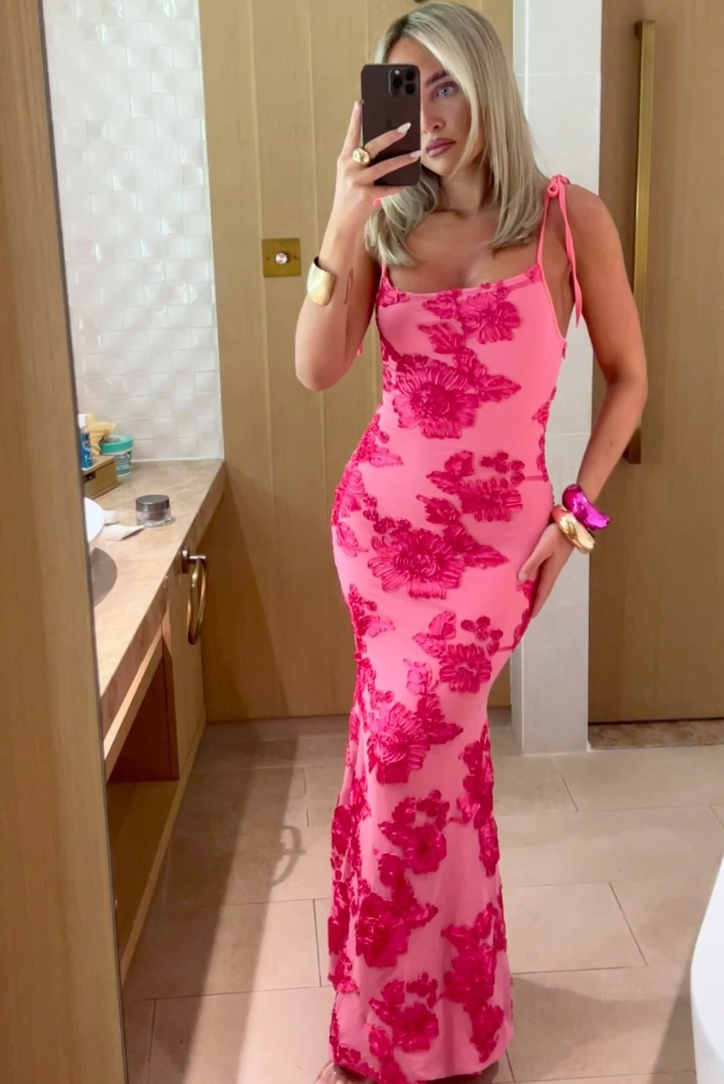India - Abito lungo rosa ricamato con fiocchi sulle spalle