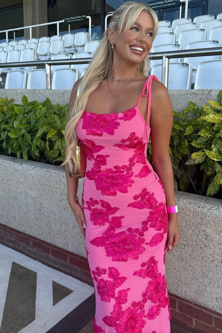 India - Abito lungo rosa ricamato con fiocchi sulle spalle