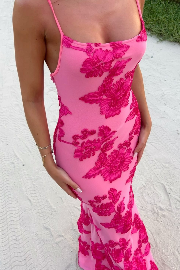 India - Abito lungo rosa ricamato con fiocchi sulle spalle