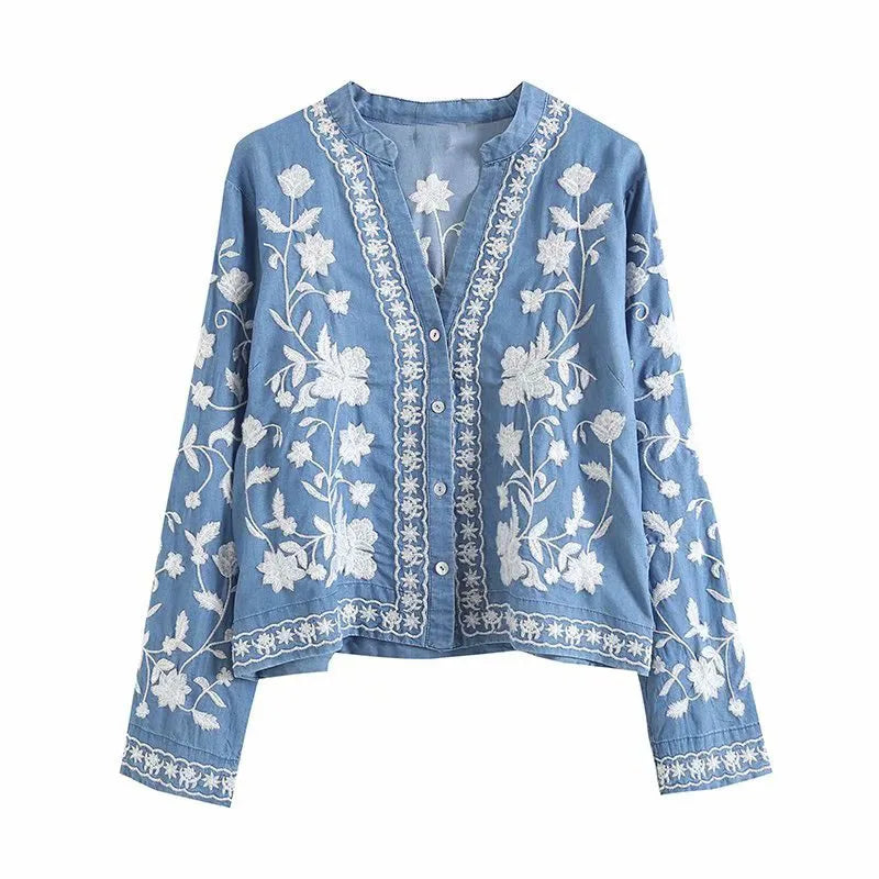 Kelsey - Blusa de mezclilla bohemia