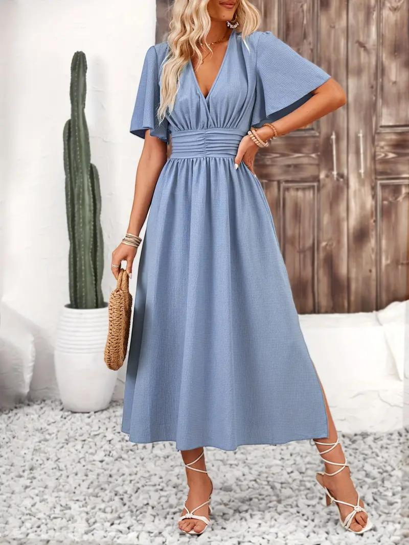 Arielle - Abito lungo manica corta con scollo a V, maxi sundress