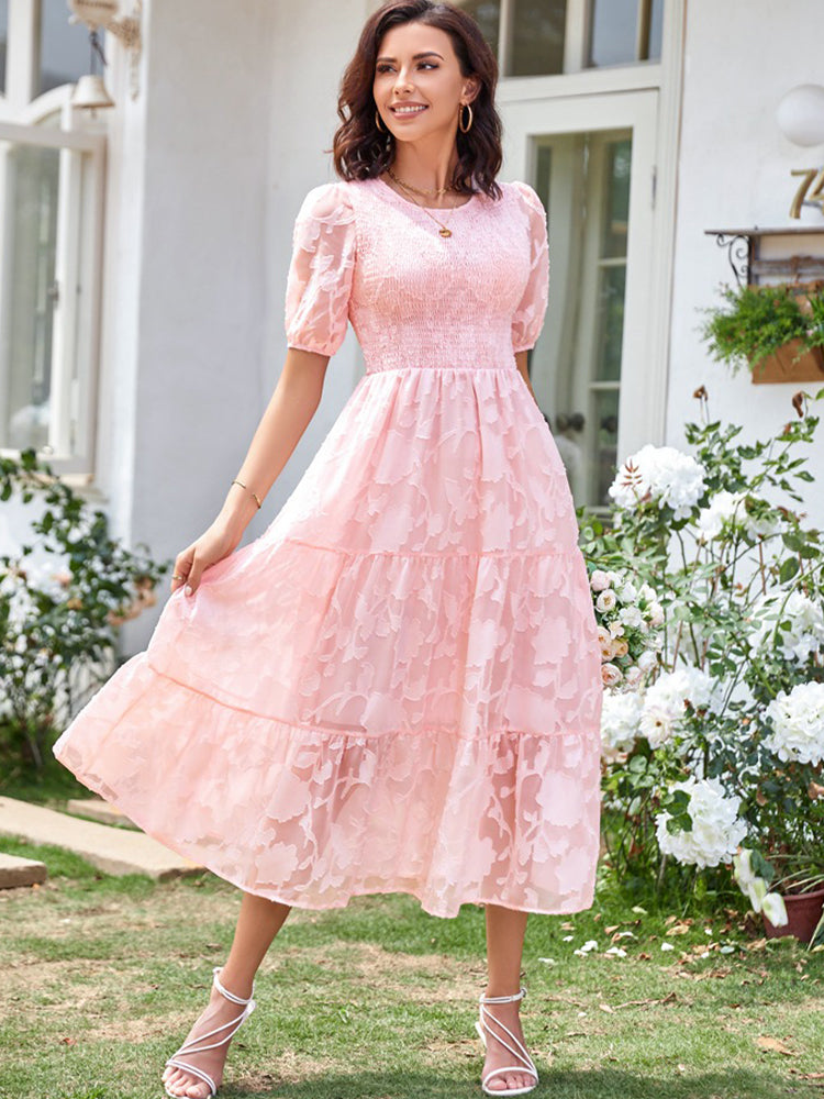 Elly - Vestito midi con corpetto arricciato, maniche a sbuffo e gonna a balze