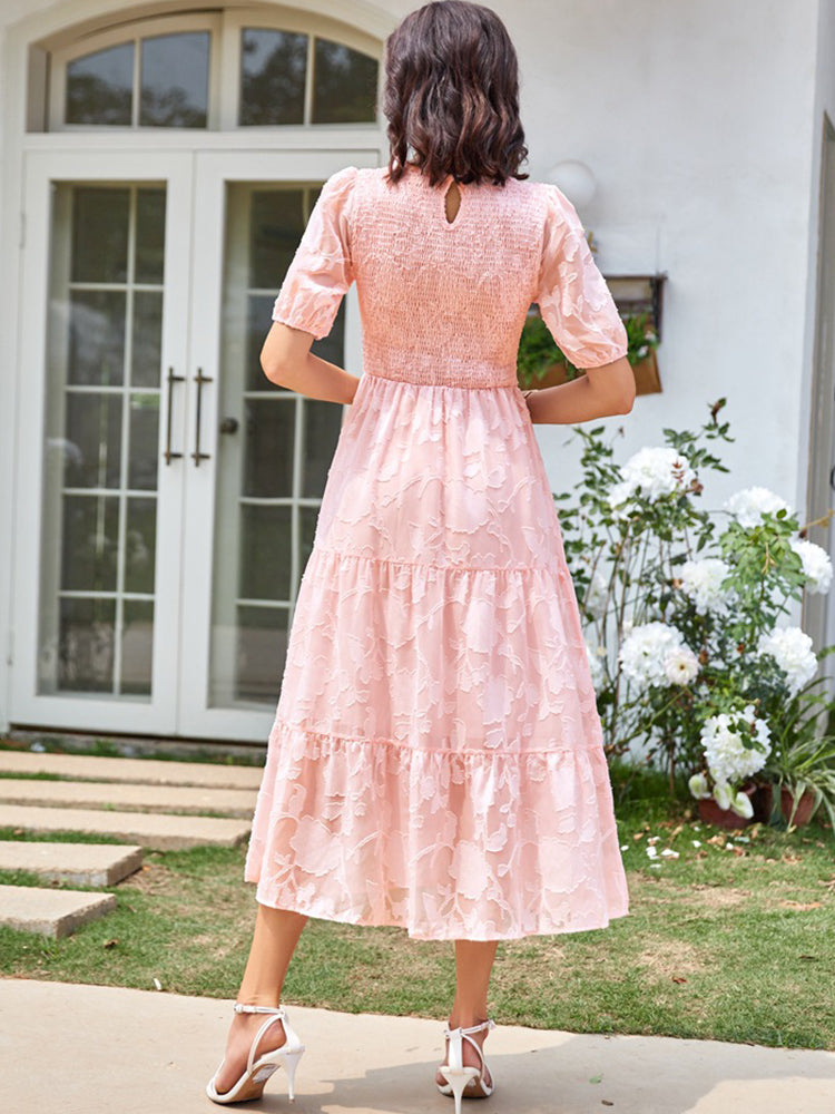 Elly - Vestito midi con corpetto arricciato, maniche a sbuffo e gonna a balze