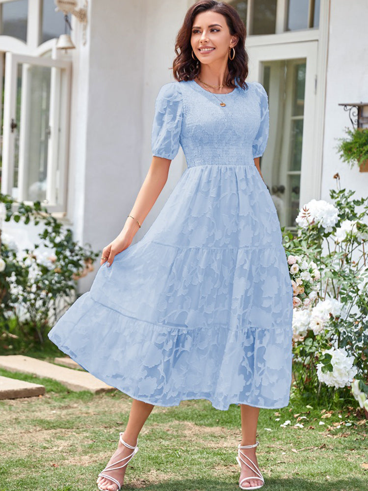 Elly - Vestito midi con corpetto arricciato, maniche a sbuffo e gonna a balze
