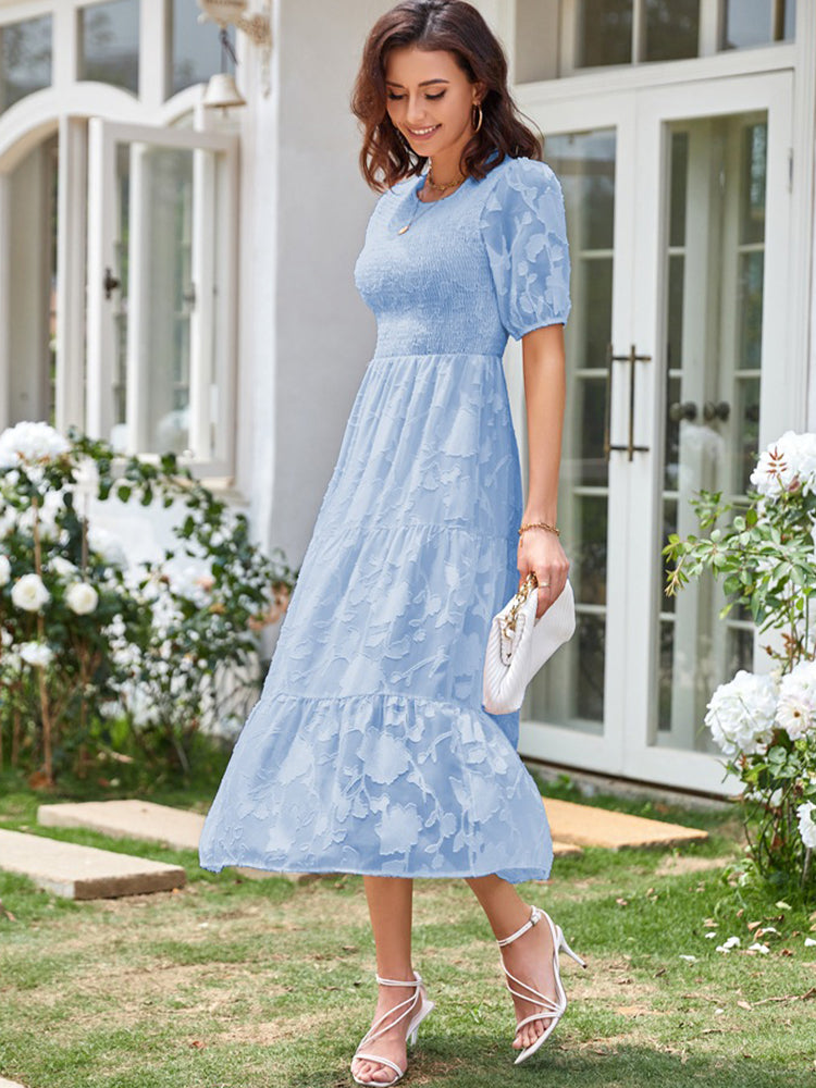 Elly - Vestito midi con corpetto arricciato, maniche a sbuffo e gonna a balze