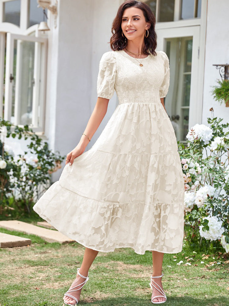 Elly - Vestito midi con corpetto arricciato, maniche a sbuffo e gonna a balze