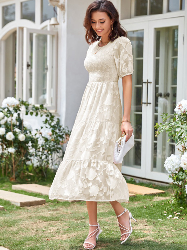 Elly - Vestito midi con corpetto arricciato, maniche a sbuffo e gonna a balze