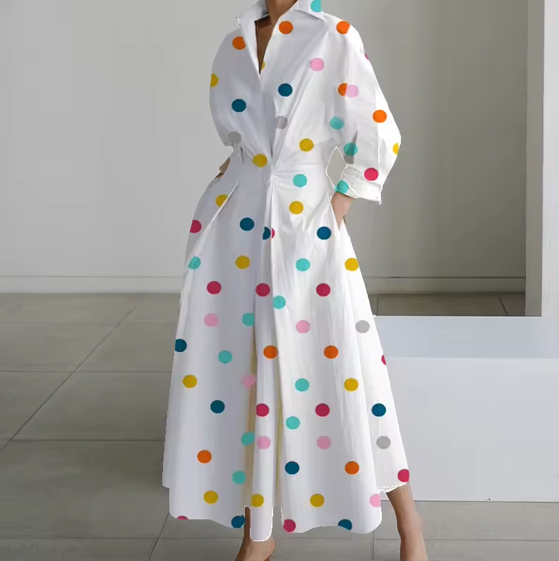 Estelle - Vestito Camicia con Colletto, Bottoni Frontali e Vita Arricciata