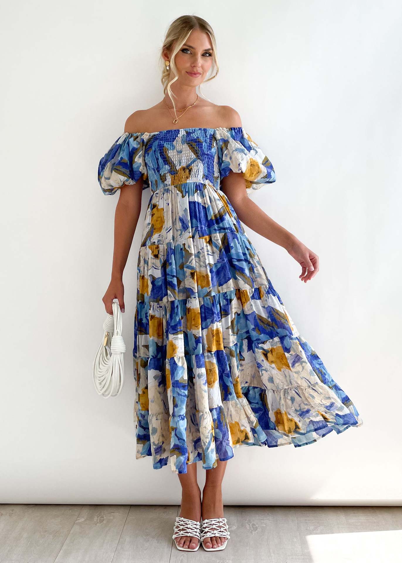 Seraphina - Abito midi floreale con spalle scoperte, romantico ed elegante