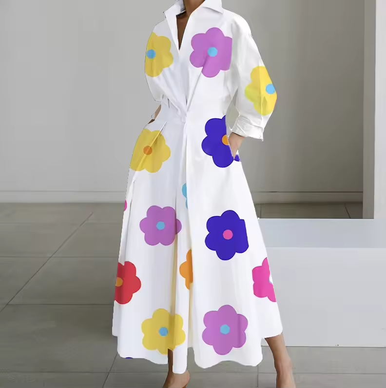 Estelle - Vestito Camicia con Colletto, Bottoni Frontali e Vita Arricciata