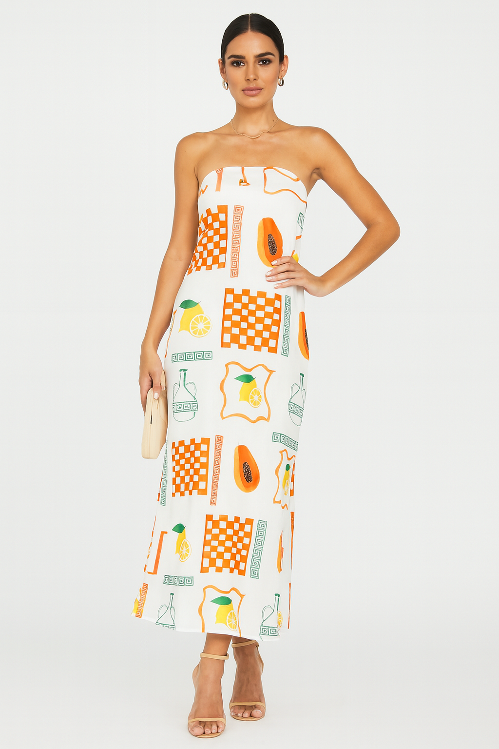 Stella - Abito lungo senza spalline con stampa tropicale e design fluido