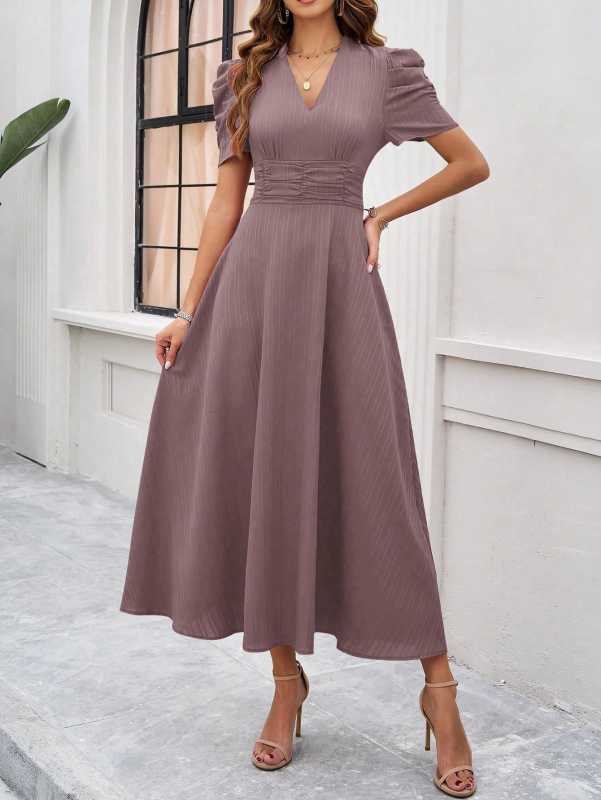 Cecily - Vestido midi con escote en V, mangas abullonadas y cintura fruncida