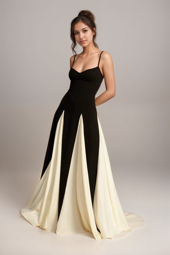Maris - Abito lungo di eleganza senza tempo in satin nero e bianco