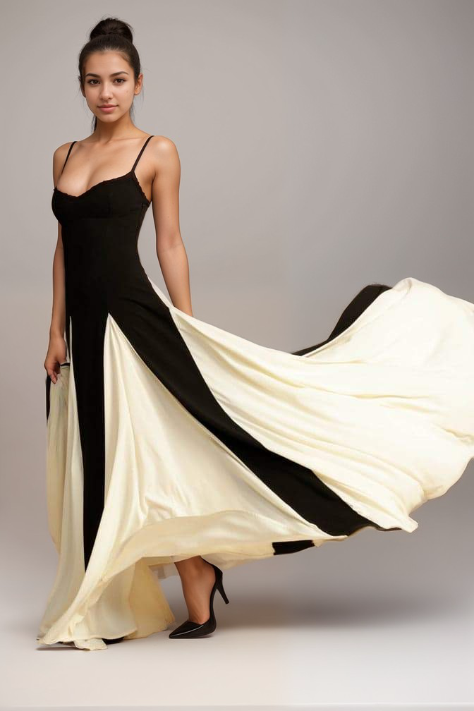 Maris - Abito lungo di eleganza senza tempo in satin nero e bianco