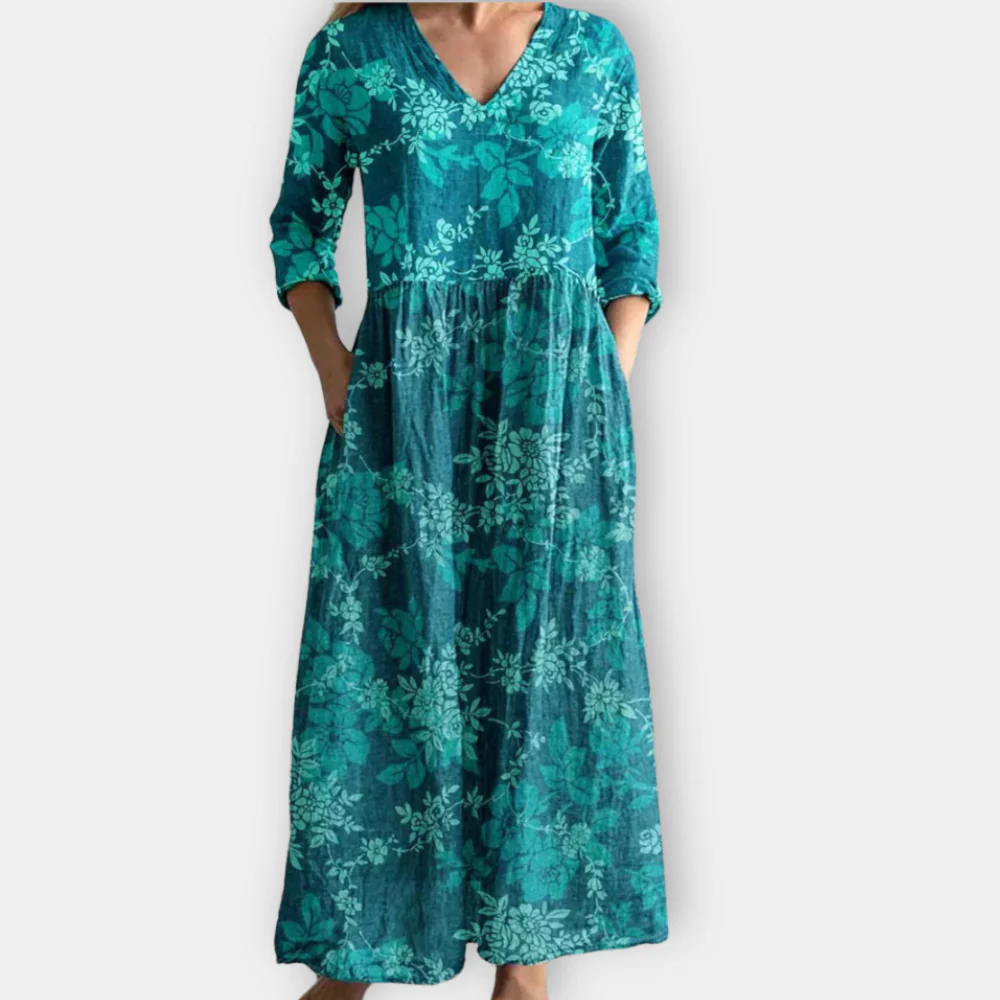 Olive - Abito lungo a fiori con scollo a V