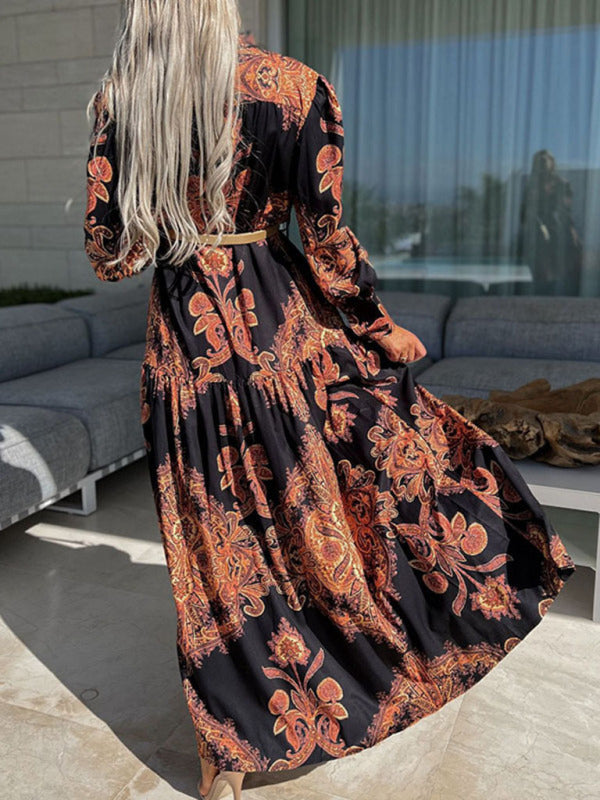 Ophelia - Abito lungo maxi con stampa paisley, bottoni frontali e spacco alto