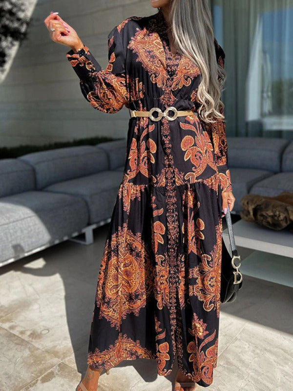 Ophelia - Abito lungo maxi con stampa paisley, bottoni frontali e spacco alto