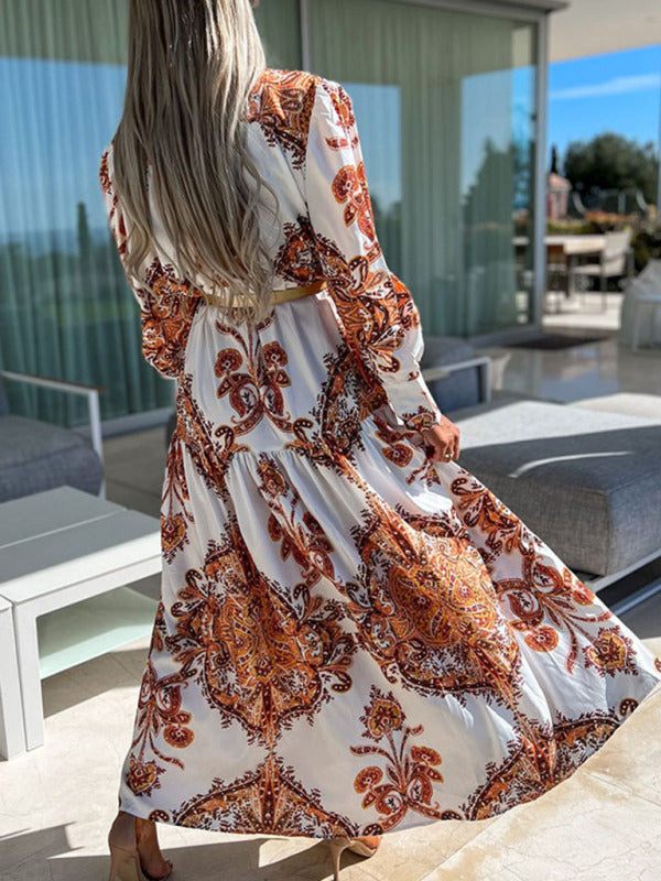 Ophelia - Abito lungo maxi con stampa paisley, bottoni frontali e spacco alto