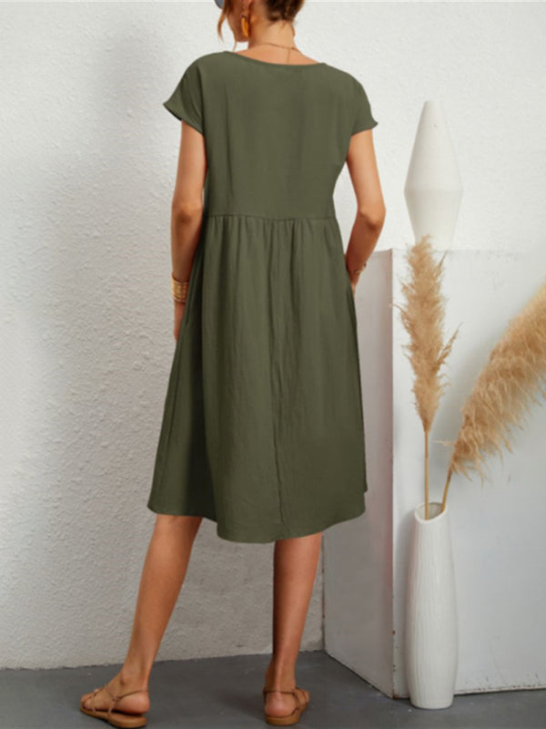 Celia - Vestido línea A con estampado sólido, cuello redondo y mangas cortas