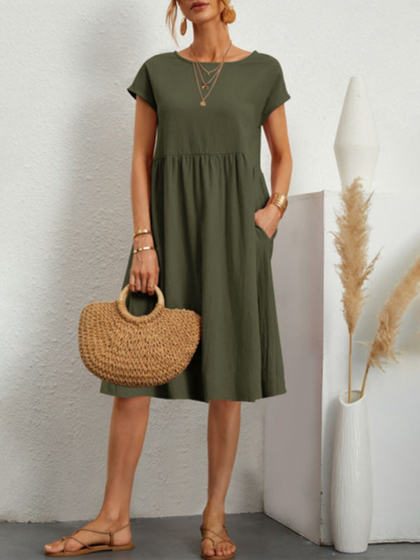 Celia - Vestido línea A con estampado sólido, cuello redondo y mangas cortas
