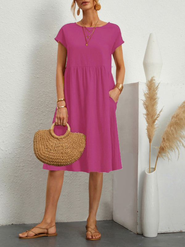 Celia - Vestido línea A con estampado sólido, cuello redondo y mangas cortas