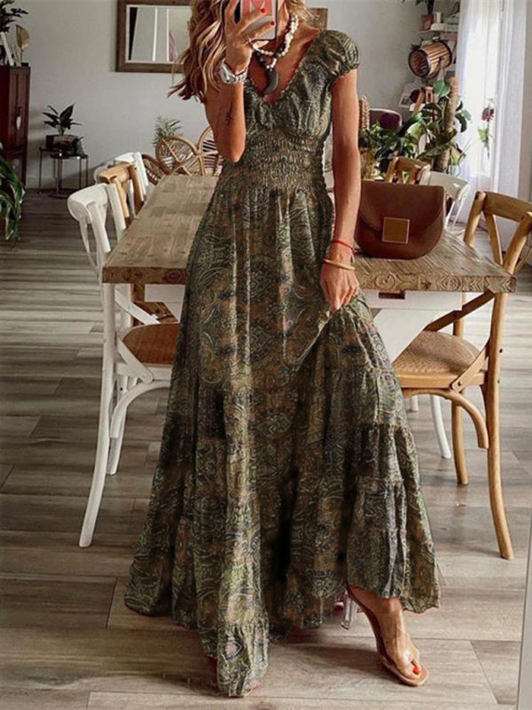 Kiara - Abito Maxi Bohemien con Stampa Paisley e Vita Arricciata