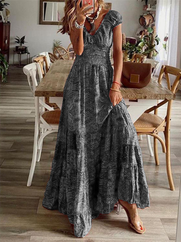 Kiara - Abito Maxi Bohemien con Stampa Paisley e Vita Arricciata