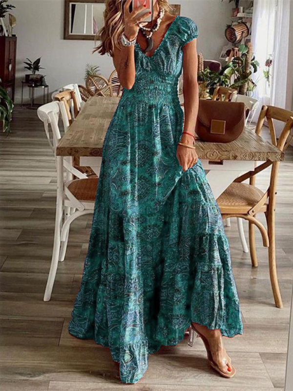 Kiara - Abito Maxi Bohemien con Stampa Paisley e Vita Arricciata