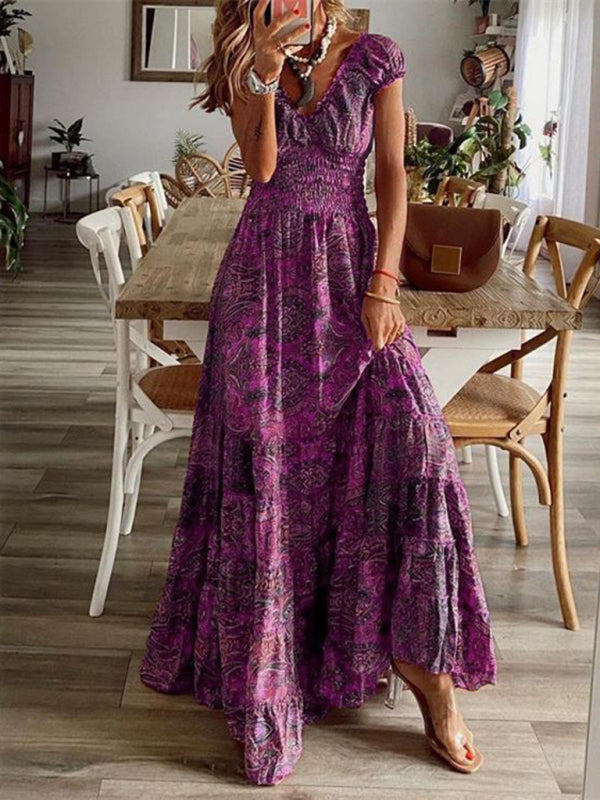 Kiara - Abito Maxi Bohemien con Stampa Paisley e Vita Arricciata