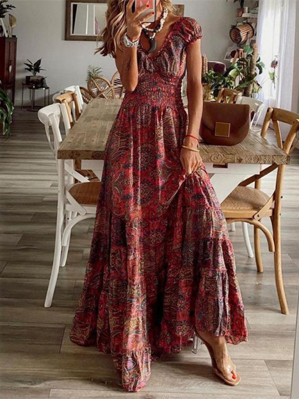 Kiara - Abito Maxi Bohemien con Stampa Paisley e Vita Arricciata