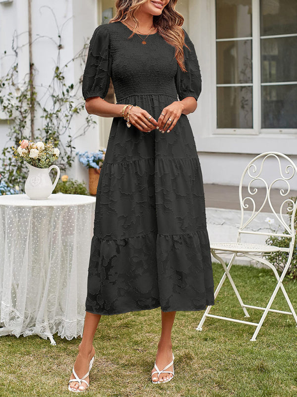 Elly - Vestito midi con corpetto arricciato, maniche a sbuffo e gonna a balze