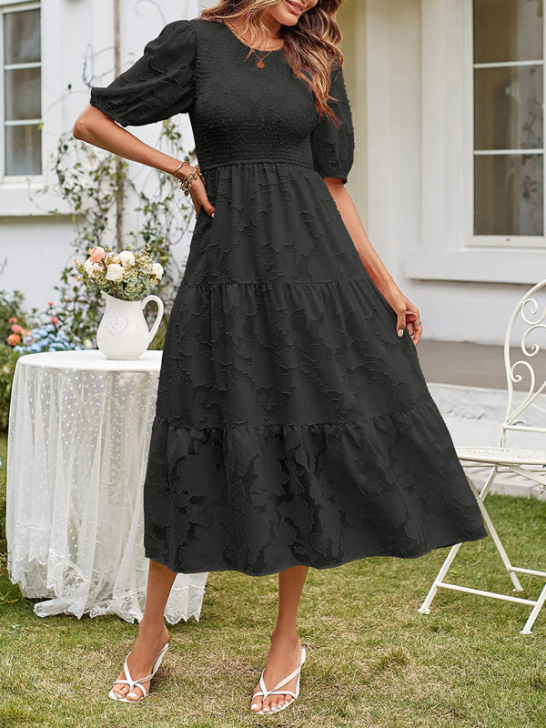 Elly - Vestito midi con corpetto arricciato, maniche a sbuffo e gonna a balze