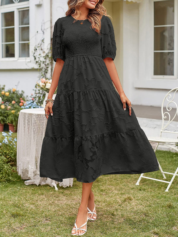Elly - Vestito midi con corpetto arricciato, maniche a sbuffo e gonna a balze