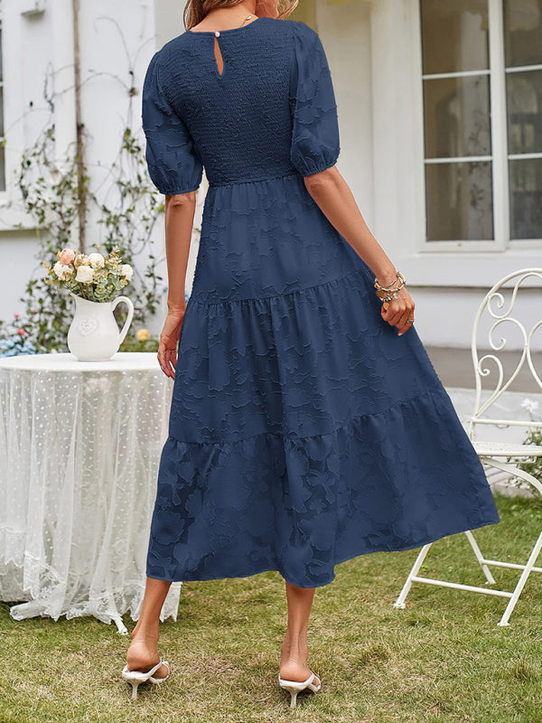 Elly - Vestito midi con corpetto arricciato, maniche a sbuffo e gonna a balze
