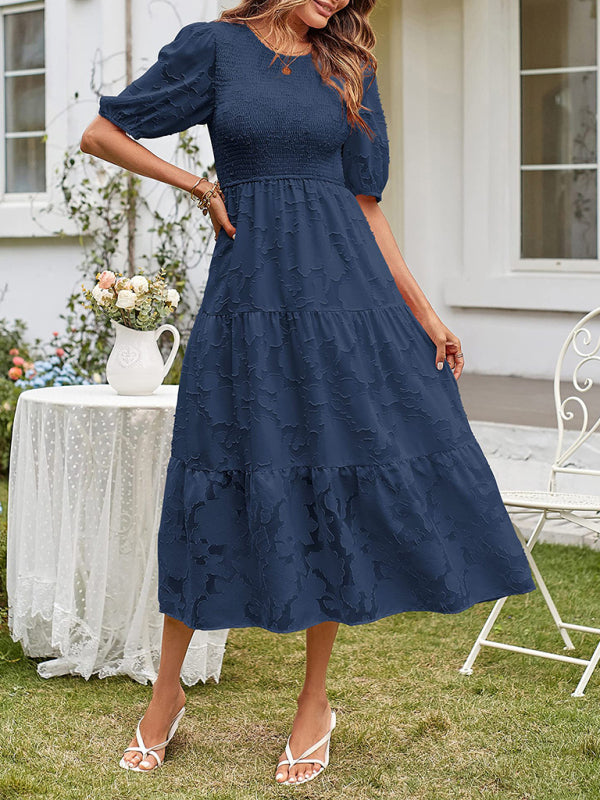 Elly - Vestito midi con corpetto arricciato, maniche a sbuffo e gonna a balze