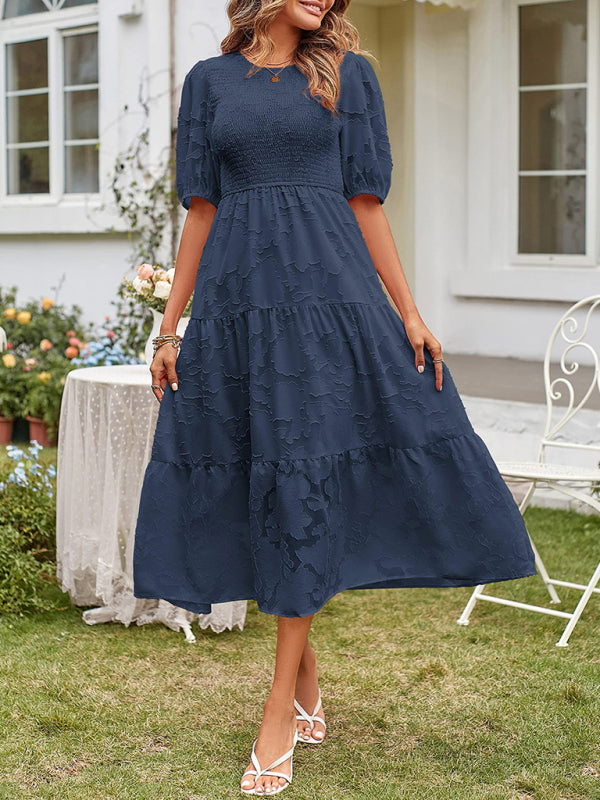 Elly - Vestito midi con corpetto arricciato, maniche a sbuffo e gonna a balze