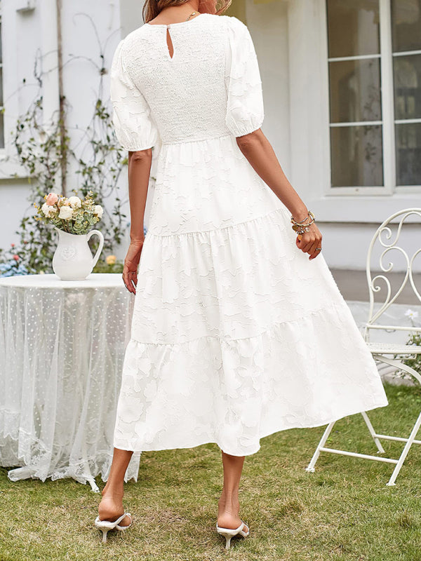 Elly - Vestito midi con corpetto arricciato, maniche a sbuffo e gonna a balze
