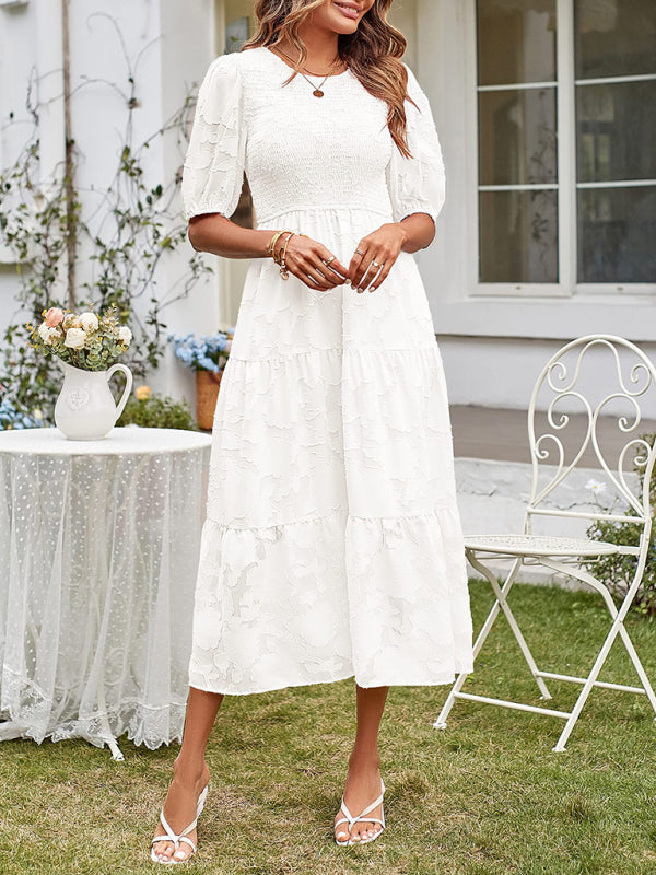 Elly - Vestito midi con corpetto arricciato, maniche a sbuffo e gonna a balze
