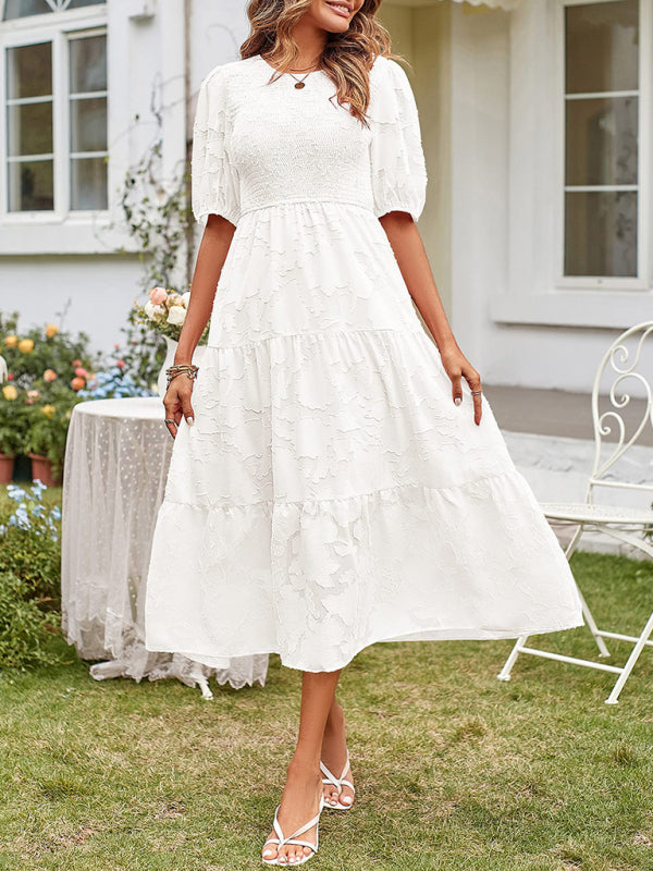 Elly - Vestito midi con corpetto arricciato, maniche a sbuffo e gonna a balze