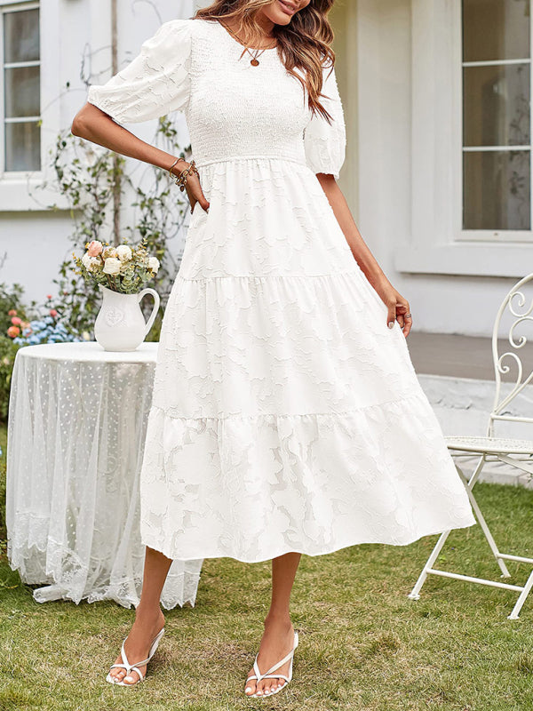 Elly - Vestito midi con corpetto arricciato, maniche a sbuffo e gonna a balze