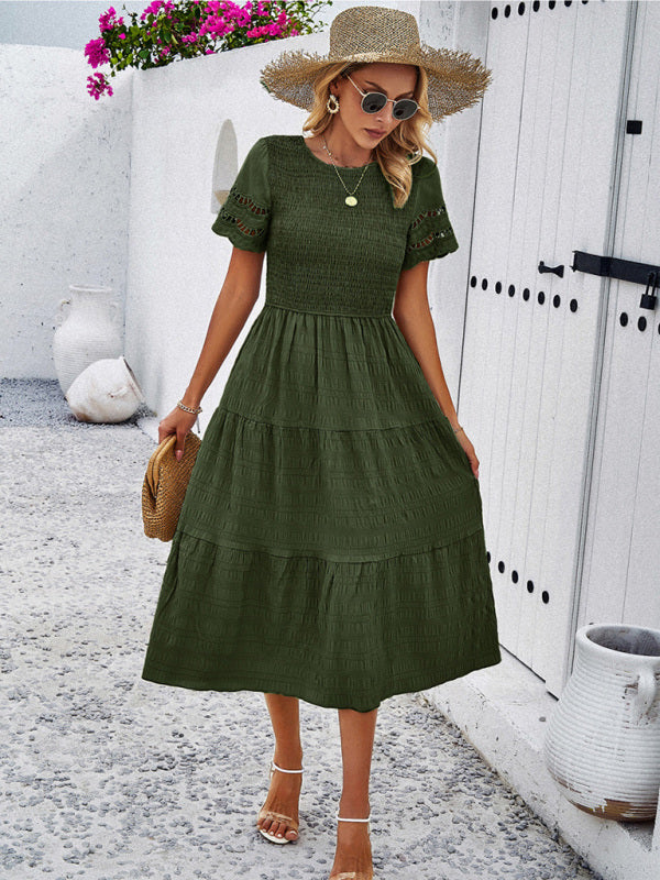 Alia - Vestito midi con corpetto arricciato e maniche in pizzo traforato