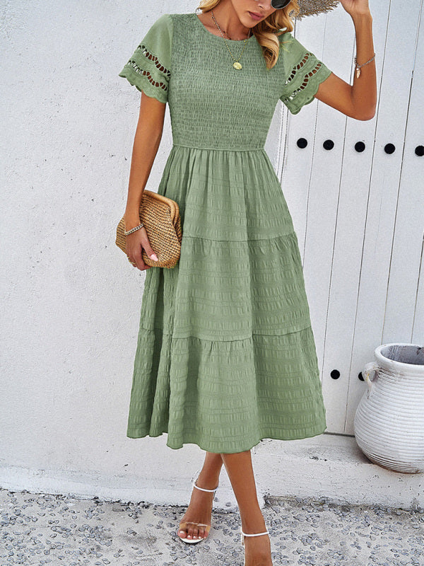 Alia - Vestito midi con corpetto arricciato e maniche in pizzo traforato