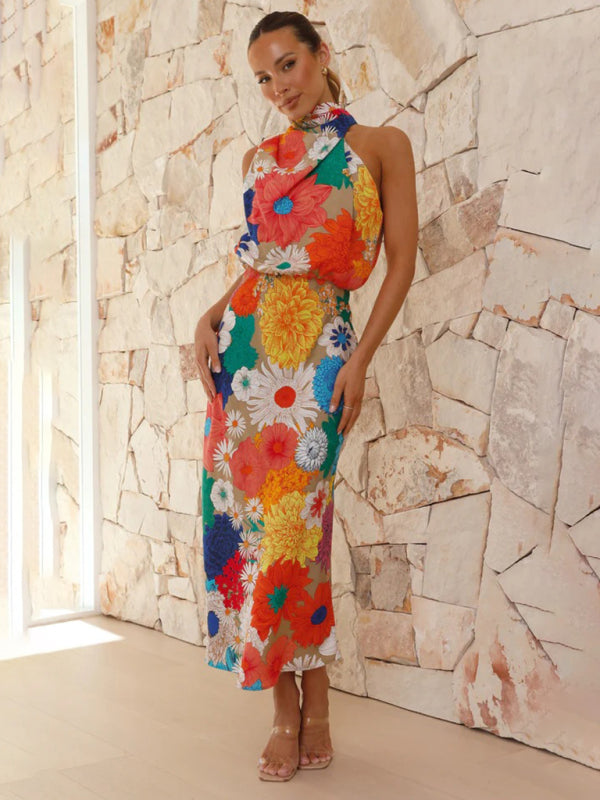 Lyric - Vestito midi con stampa floreale, collo halter e vita aderente