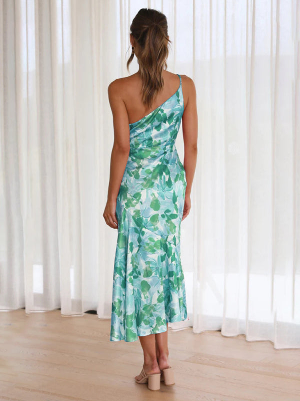Paige - Vestito midi con scollo asimmetrico, stampa floreale e orlo a coda di pesce