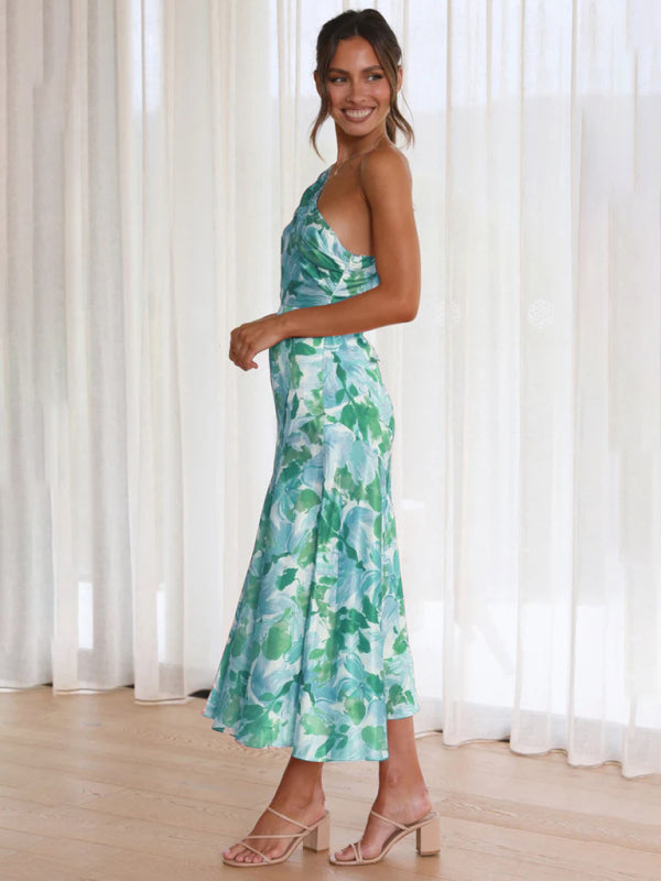 Paige - Vestito midi con scollo asimmetrico, stampa floreale e orlo a coda di pesce